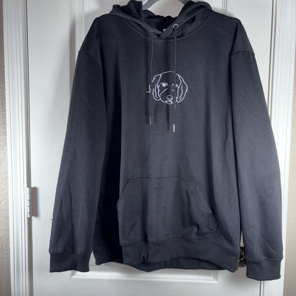 Men's Black Pullover Hoodie XL Embroidered Dog Face Graphic Kangaroo Pocket Casu